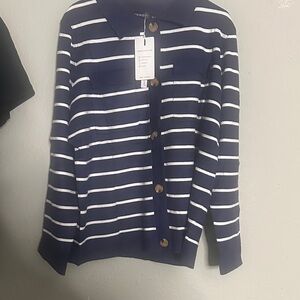 Navy and White Striped Button-Up Sweater